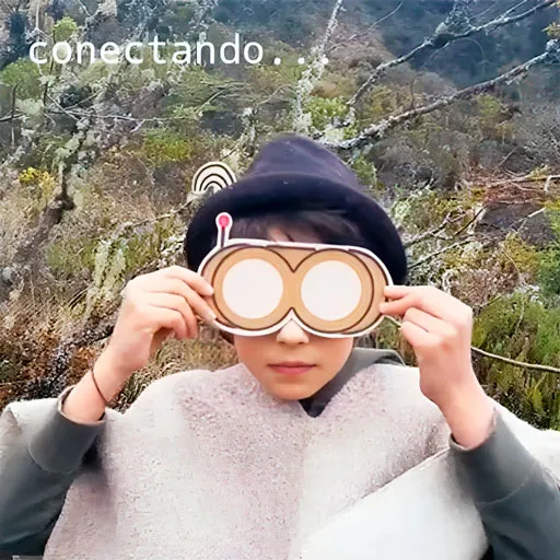 Niño con sombrero oscuro que sostiene frente a los ojos un visor de cartón en forma de anteojos, en un páramo con frailejones y líquenes; sobre la imagen se lee «conectando..».