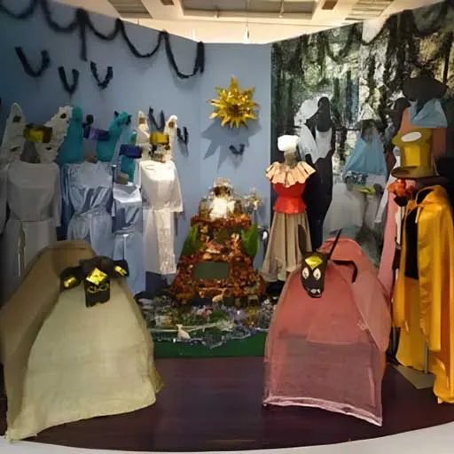 Sala de exposición con trajes y máscaras de colores sobre maniquíes, con fondo azul y un sol dorado en la pared.