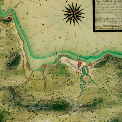 Mapa antiguo con rosa de los vientos, costa verde y un poblado señalado en rojo junto a un río.