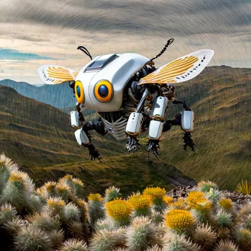Abeja robótica blanca con alas rayadas en amarillo que vuela sobre un páramo de montaña con frailejones en flor.