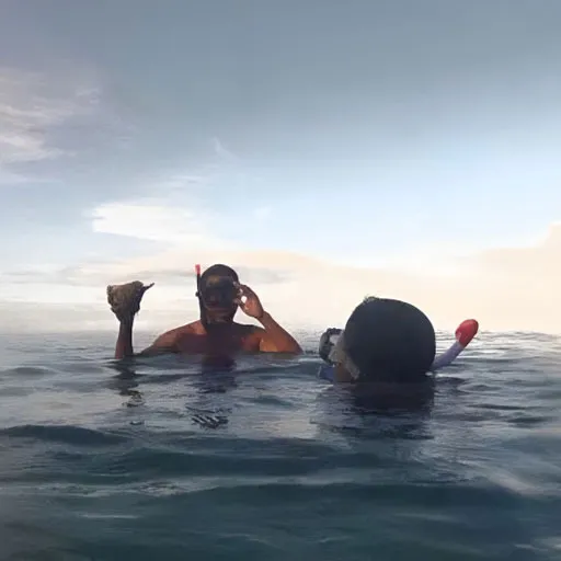 Dos personas con máscara y snorkel en el mar al atardecer; una de ellas levanta un caracol.