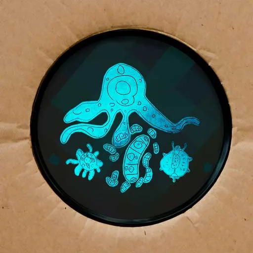 Disco oscuro con ilustraciones de microorganismos y células en azul cian, recortado sobre un fondo de cartón.