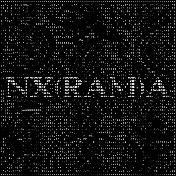 Portada del fanzine Nx(RAM)A: una imagen cuadrada hecha de caracteres de texto sobre fondo negro con el título en letras ASCII.