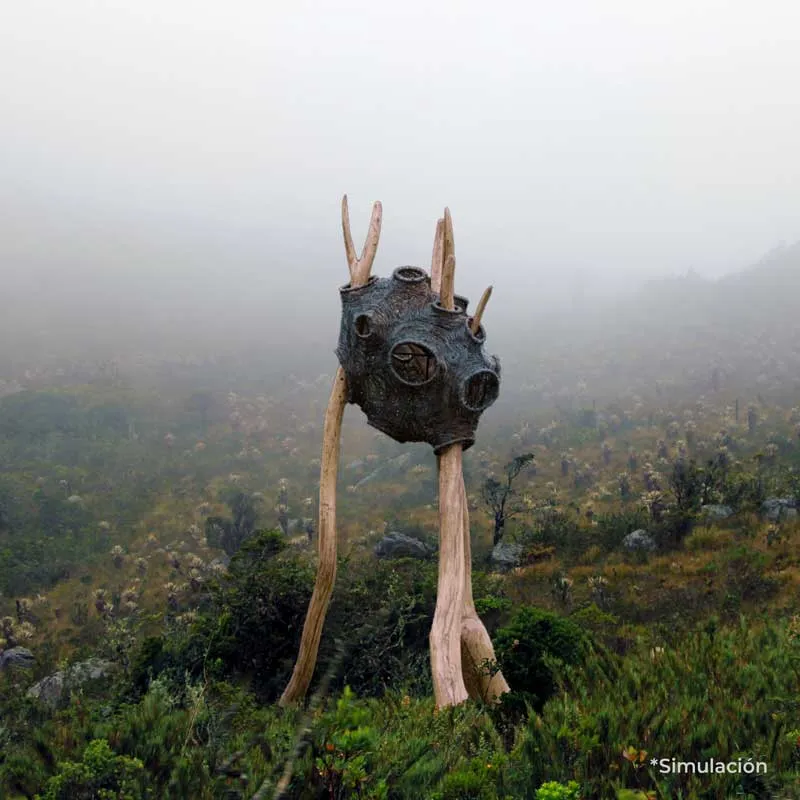 Simulación de una estructura tejida en forma de cápsula, con ventanas redondas y puntas de madera, sostenida por troncos delgados sobre un páramo con frailejones cubierto de niebla.
