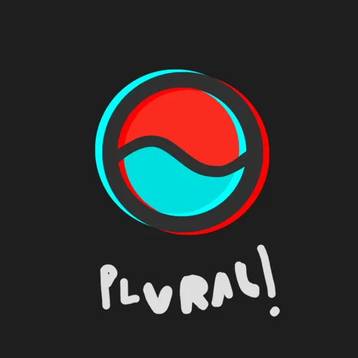 Logotipo de Plural!: un círculo con una onda, mitad rojo y mitad cian, con efecto de desfase de color sobre fondo oscuro y la palabra «Plural!» escrita a mano.