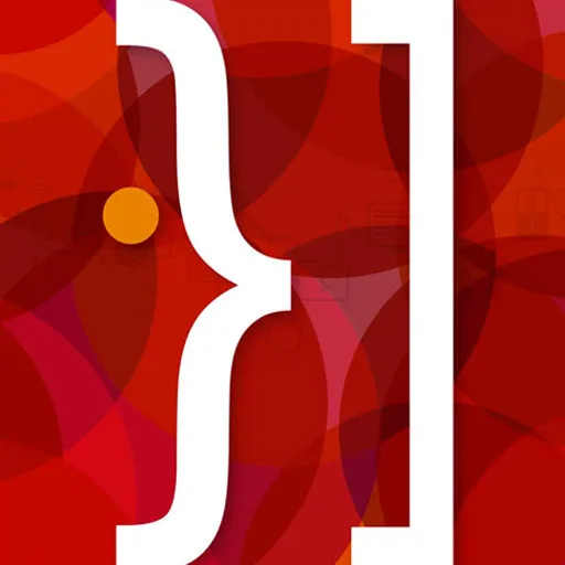 Logotipo de llave y corchete blancos sobre un fondo de círculos superpuestos en rojos.