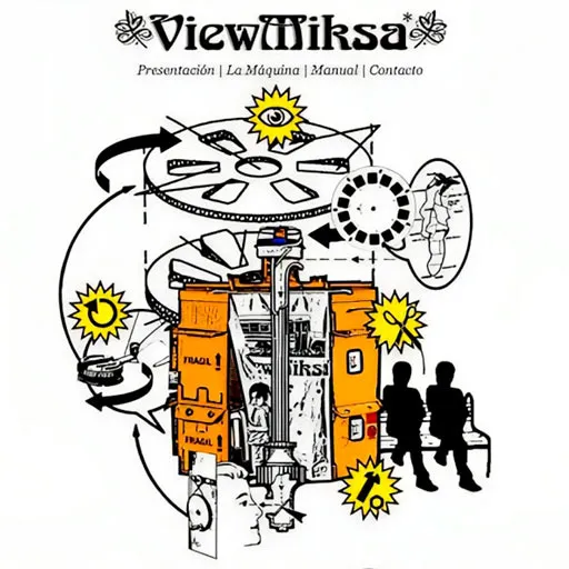 Ilustración de la máquina ViewMiksa: una caja de cartón naranja con periscopio, carretes y figuras en silueta, bajo el título «ViewMiksa».